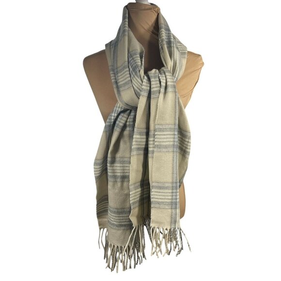 J.Crew Factory Blanket Scarf Plaid Cream Grey Fringe Nuetral One Size - Picture 1 of 7